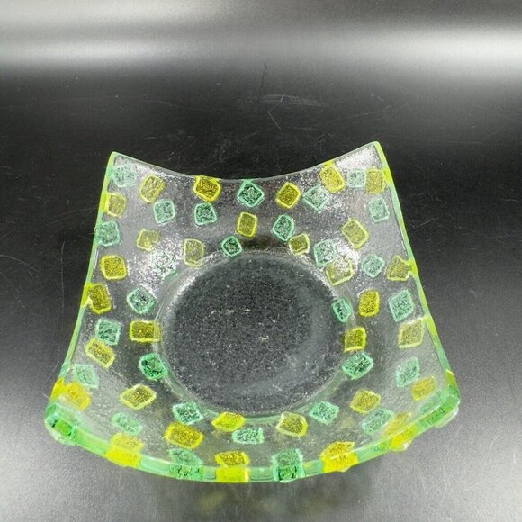 Square Fused Art Glass Dish Plate Whimsical Decor Textured Dish Hand Crafted Vtg - Picture 15 of 15